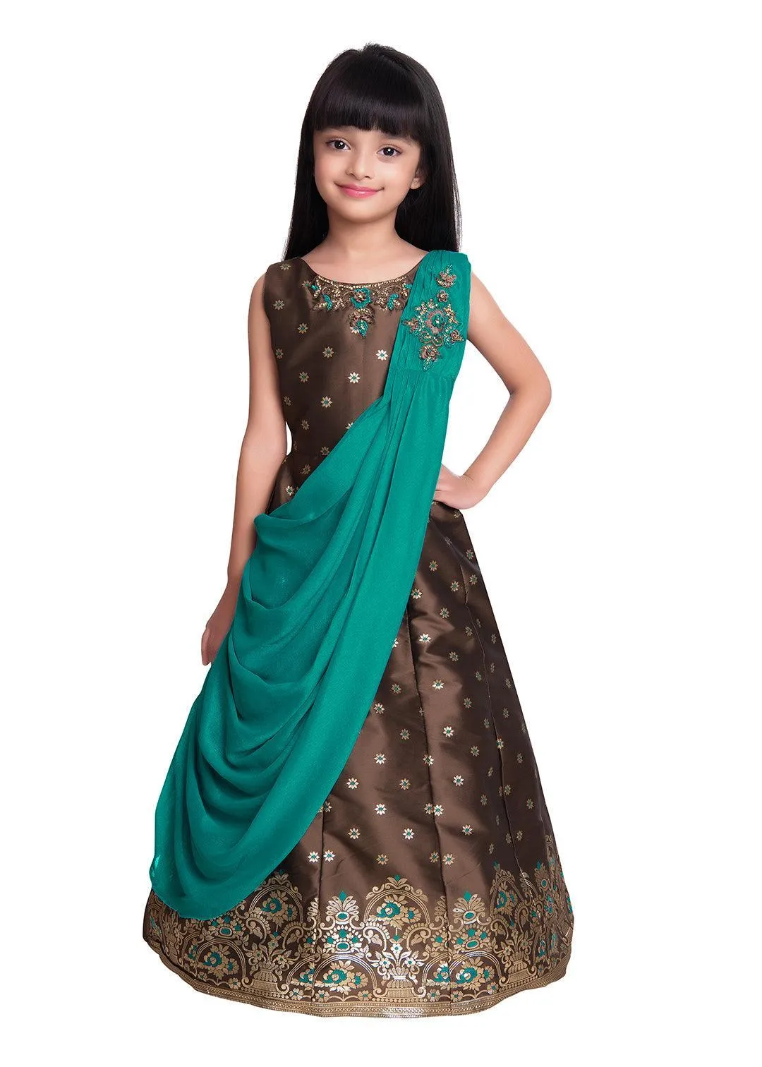 Mustard Yellow & Brown Embellished Broket Gown With Dupatta Style Gown For Girls