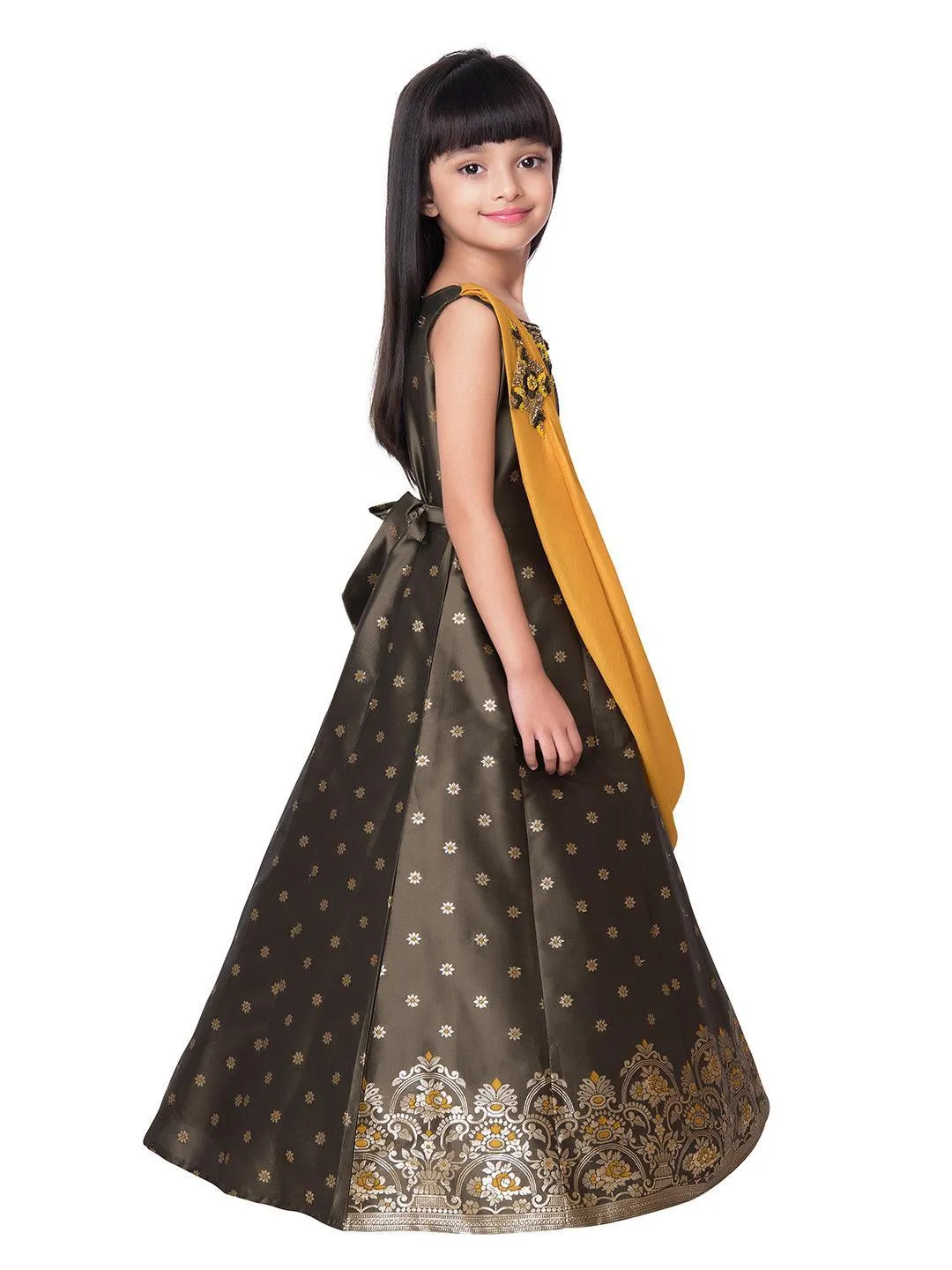 Mustard Yellow & Brown Embellished Broket Gown With Dupatta Style Gown For Girls
