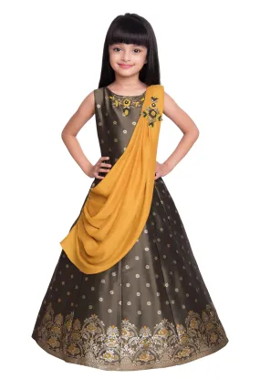 Mustard Yellow & Brown Embellished Broket Gown With Dupatta Style Gown For Girls