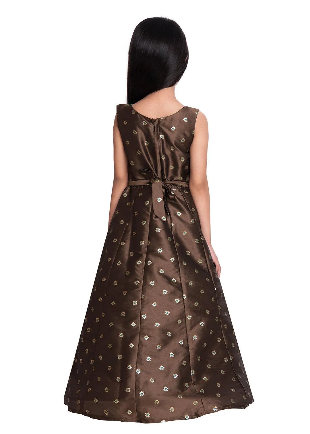 Mustard Yellow & Brown Embellished Broket Gown With Dupatta Style Gown For Girls