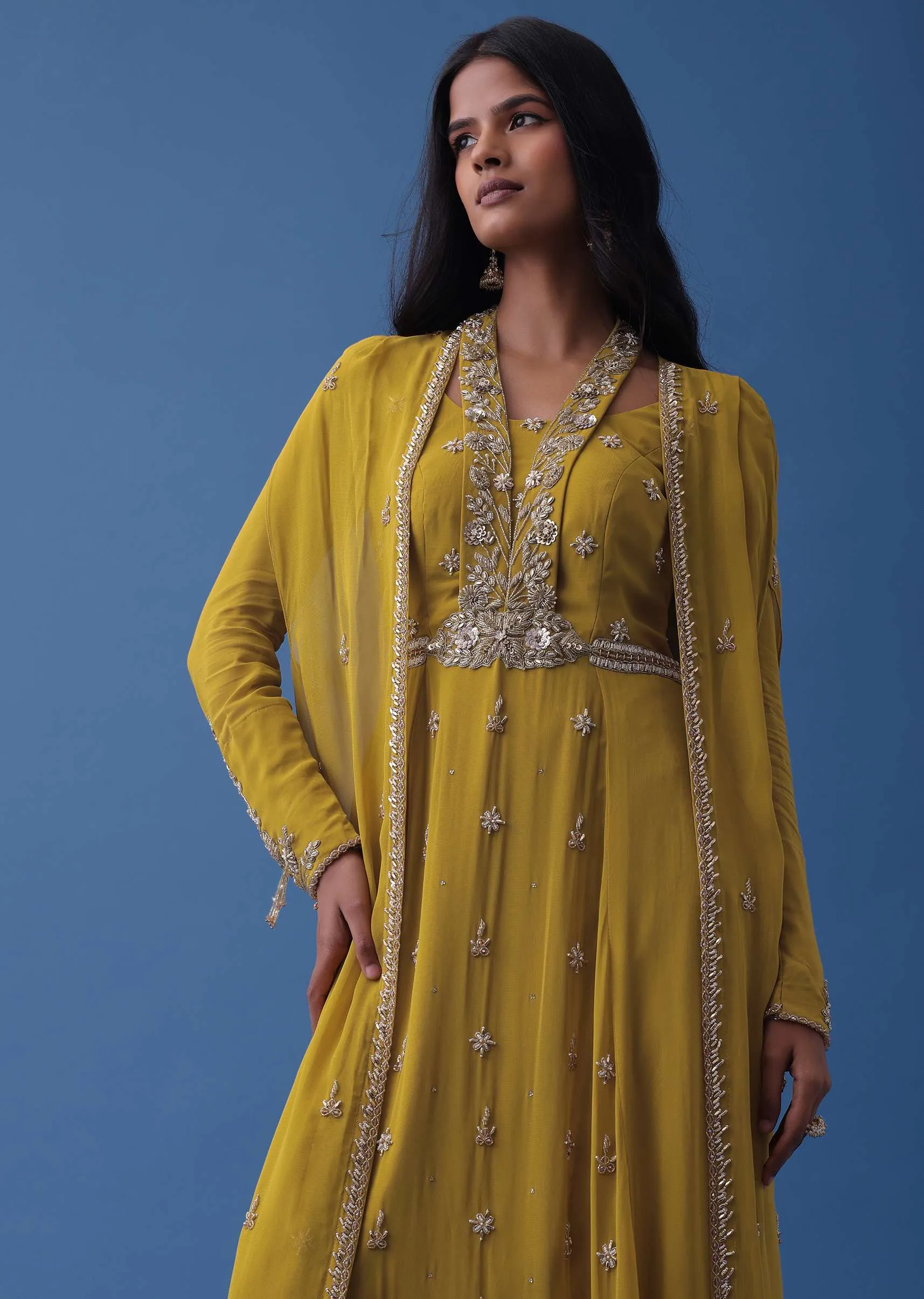 Mustard Yellow Embroidered Indowestern Dress And Cape In Georgette