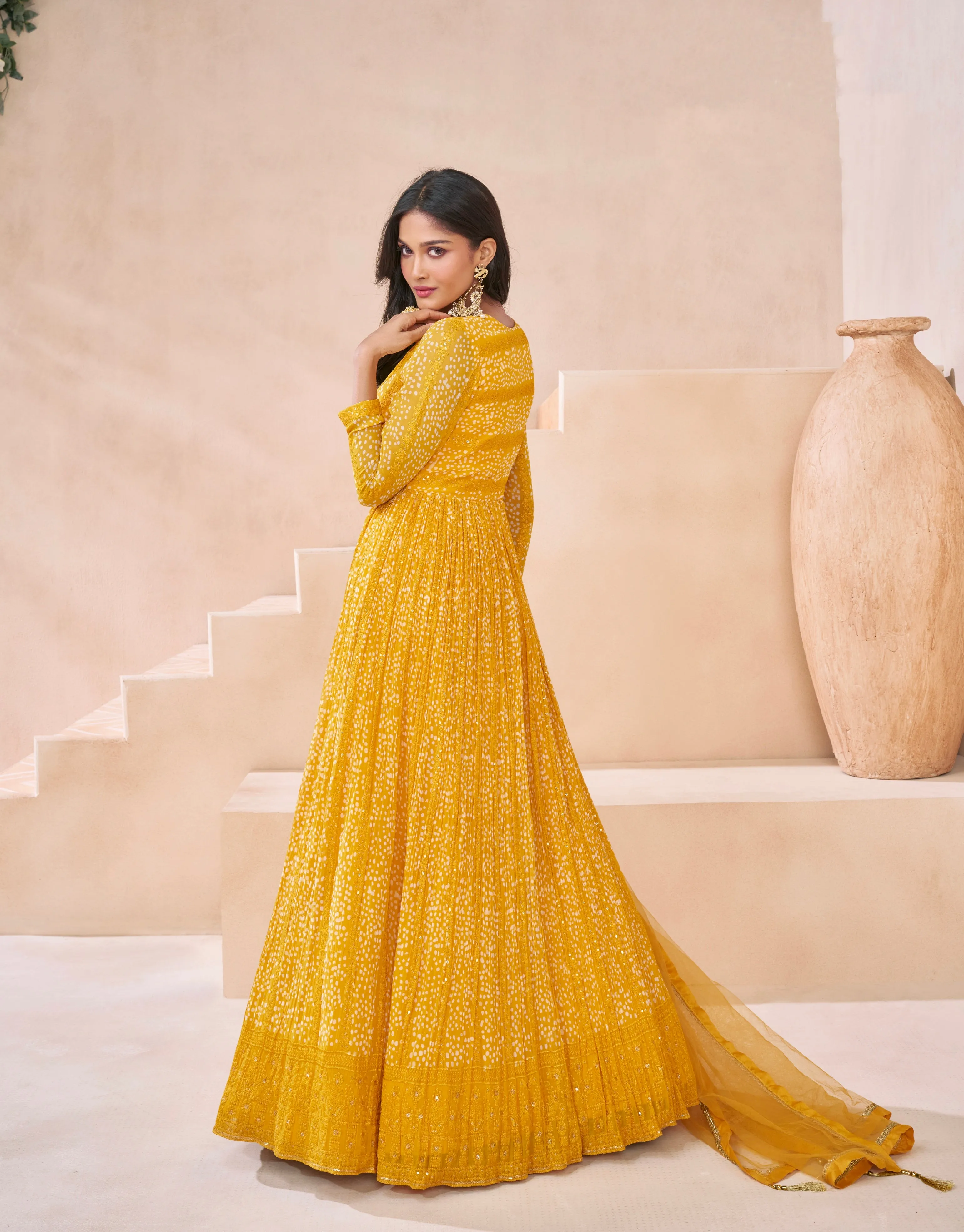 Mustard Yellow Georgette Anarkali Suit with Net Dupatta