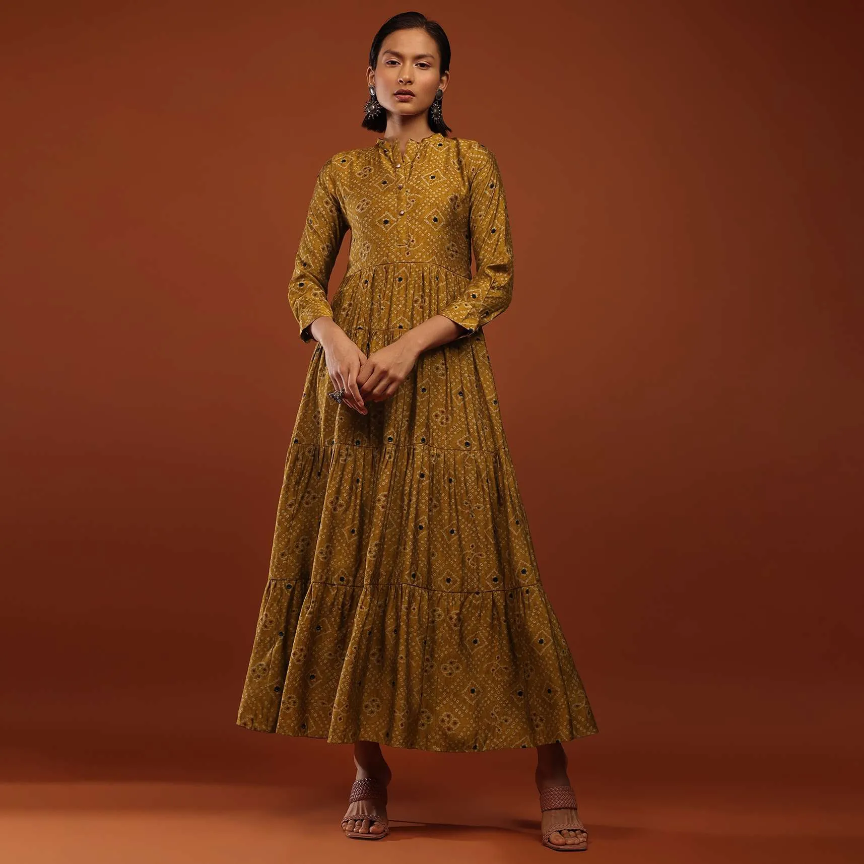 Mustard Yellow Tiered Dress In Silk With Bandhani Print