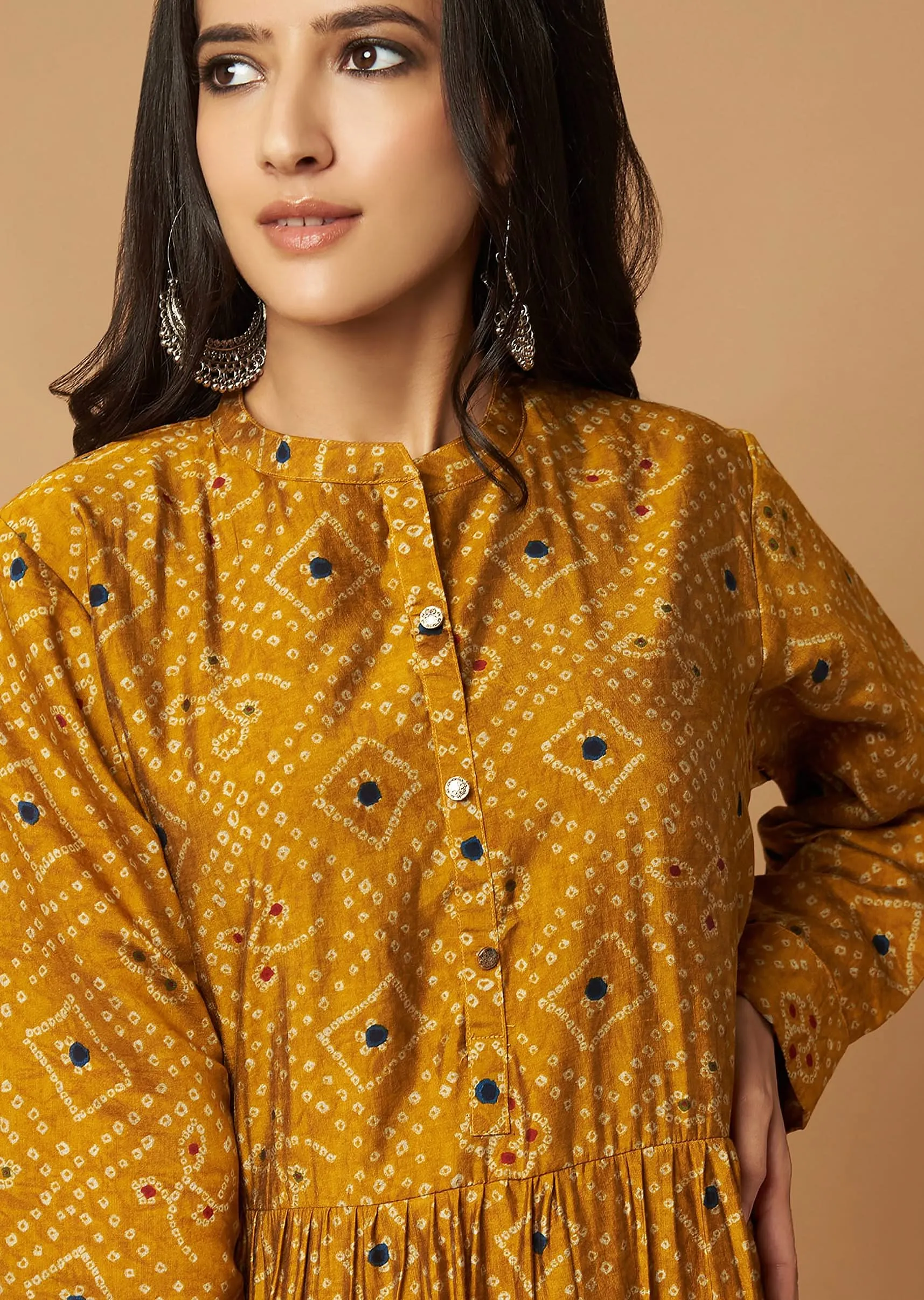 Mustard Yellow Tiered Dress In Silk With Bandhani Print