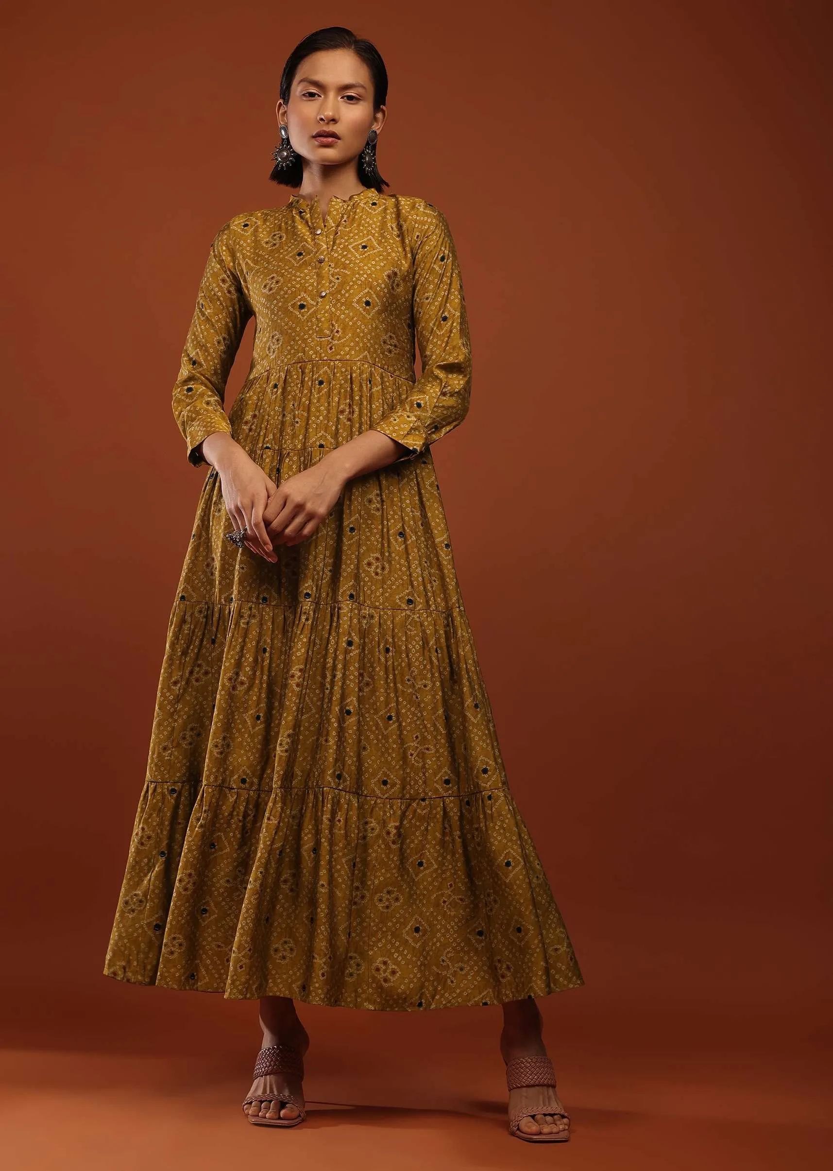 Mustard Yellow Tiered Dress In Silk With Bandhani Print