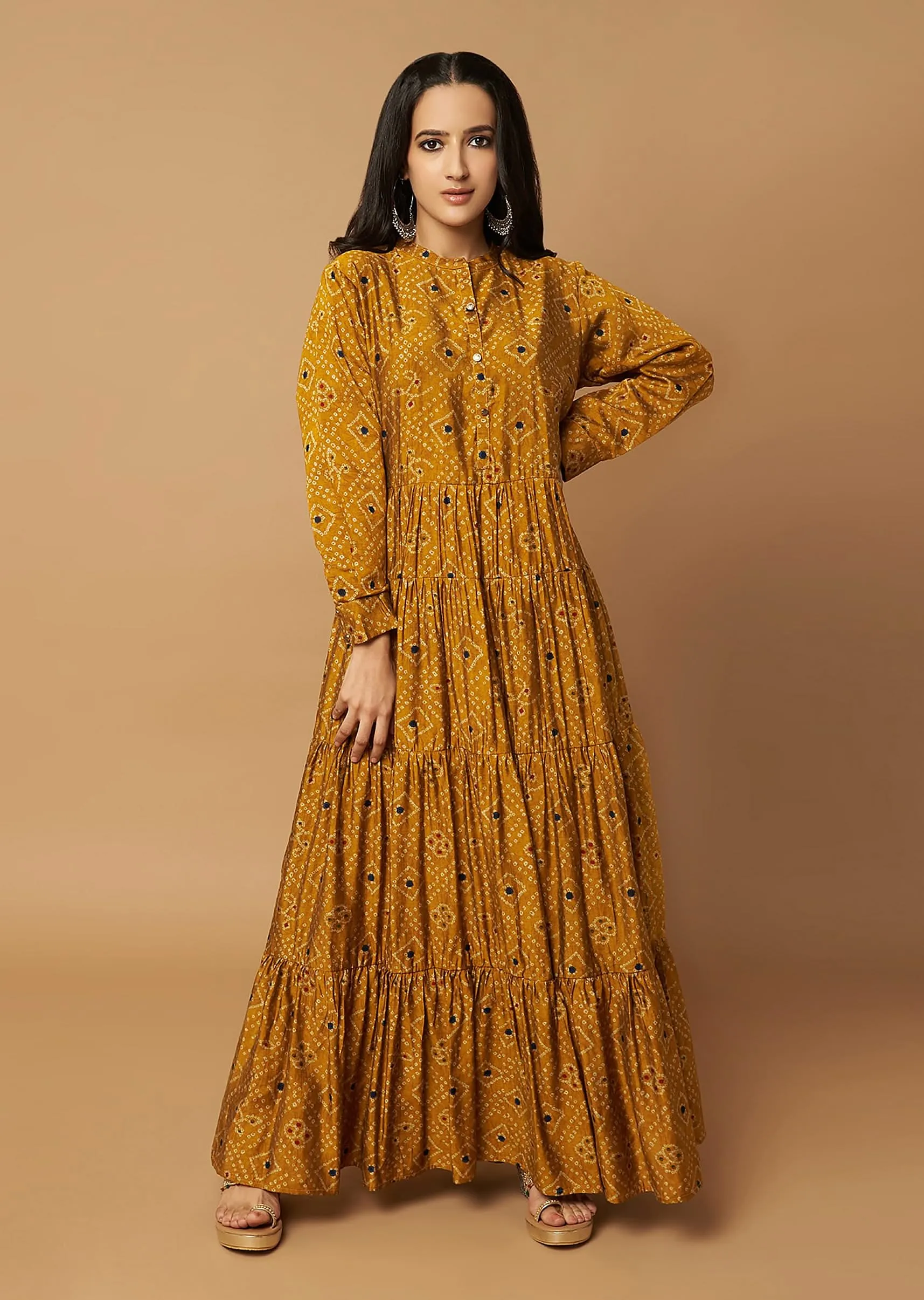 Mustard Yellow Tiered Dress In Silk With Bandhani Print