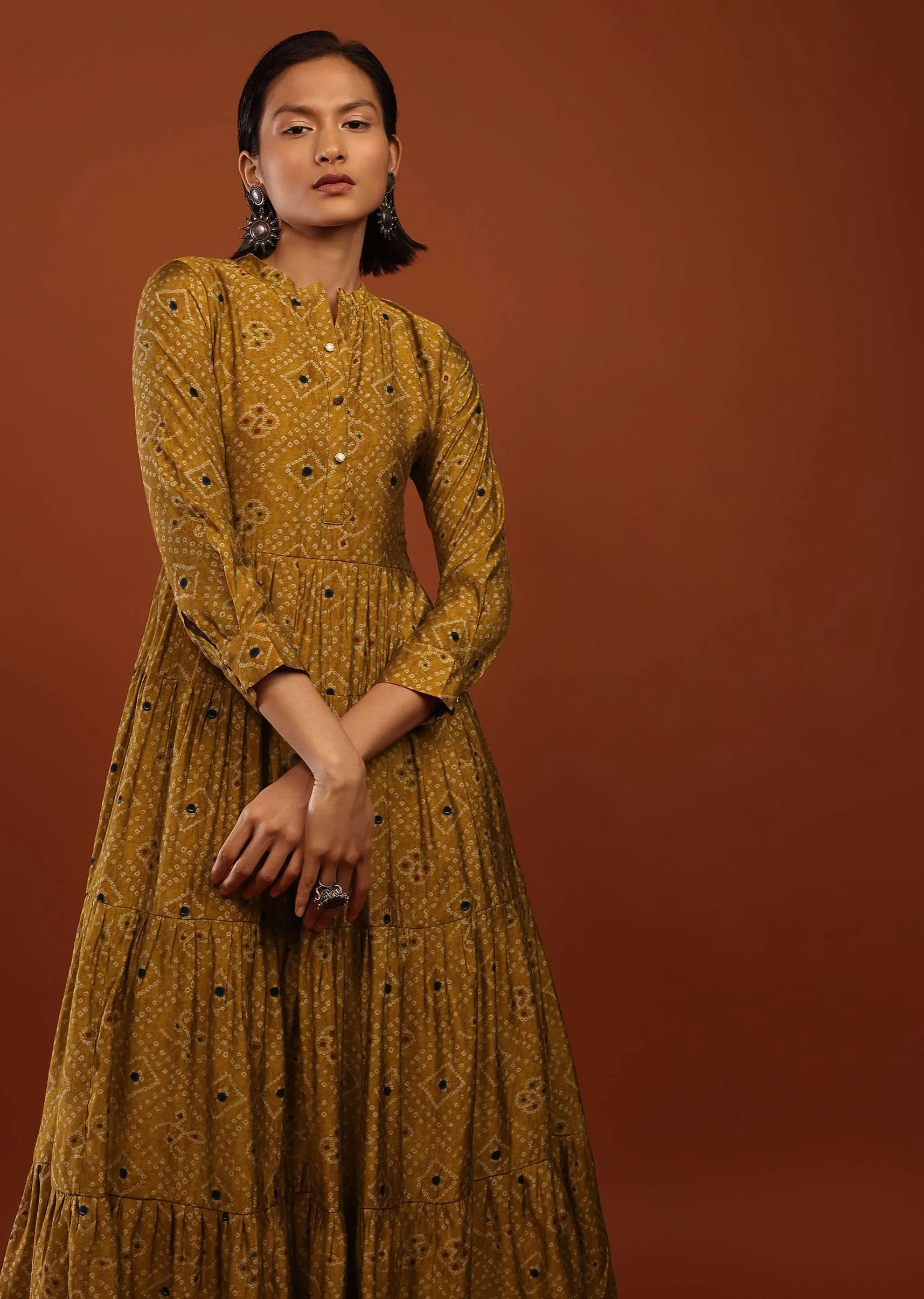 Mustard Yellow Tiered Dress In Silk With Bandhani Print