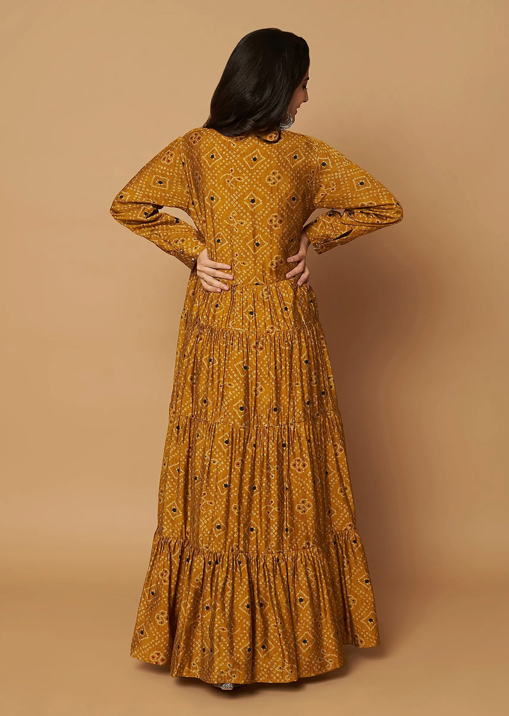 Mustard Yellow Tiered Dress In Silk With Bandhani Print