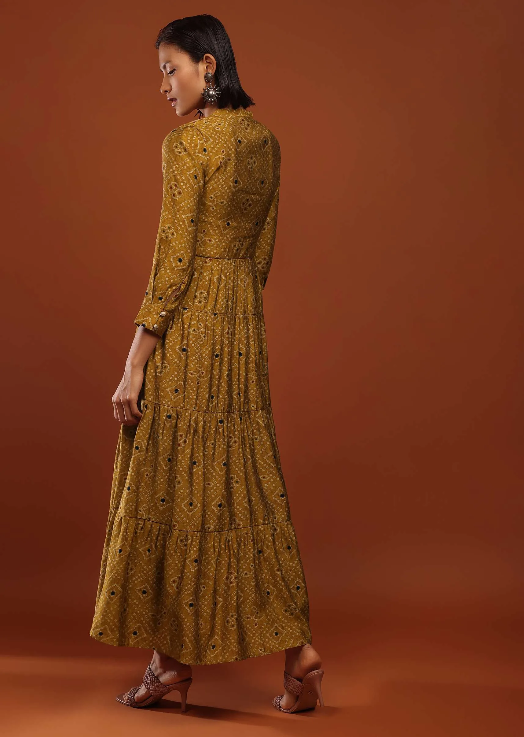 Mustard Yellow Tiered Dress In Silk With Bandhani Print