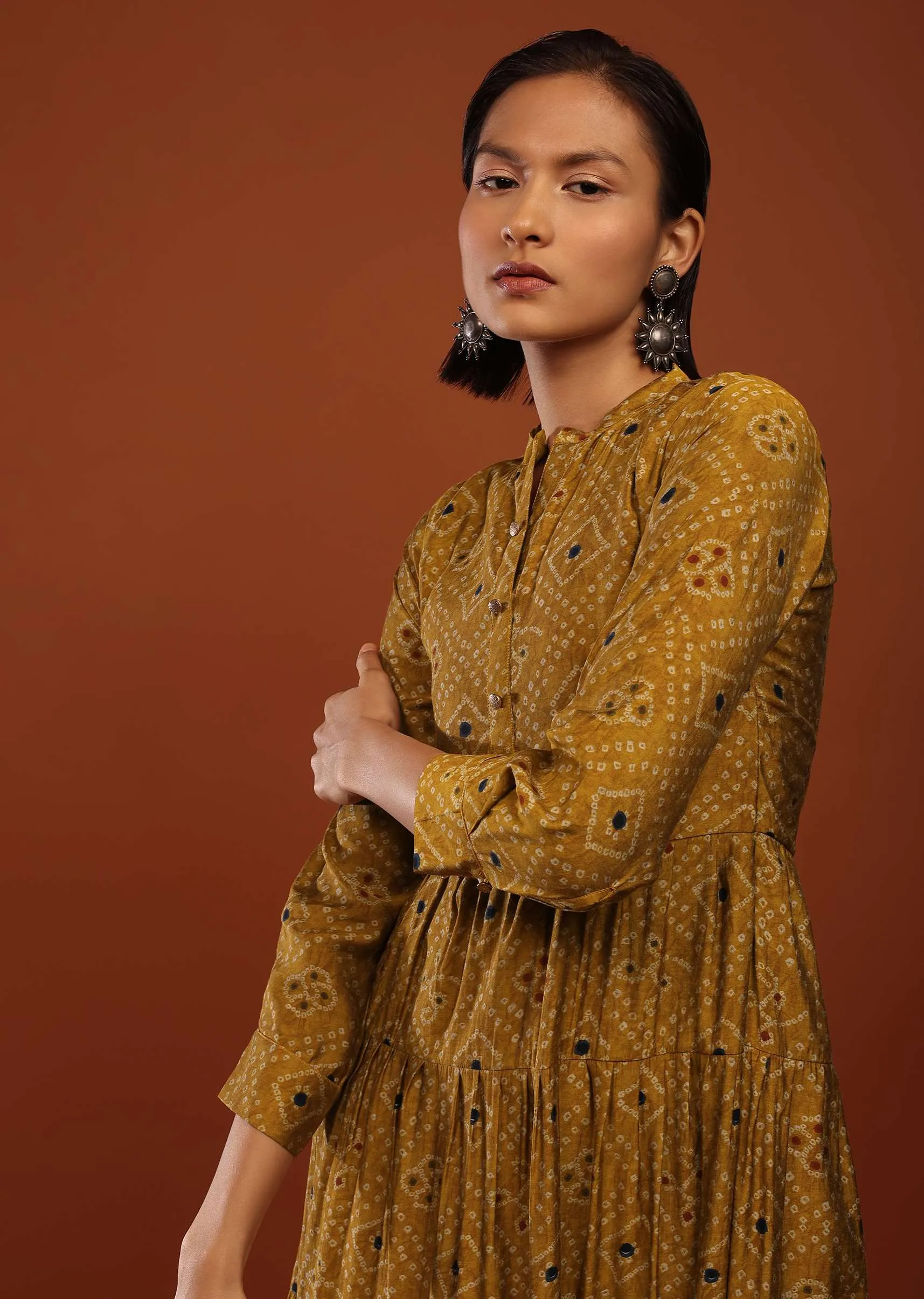 Mustard Yellow Tiered Dress In Silk With Bandhani Print