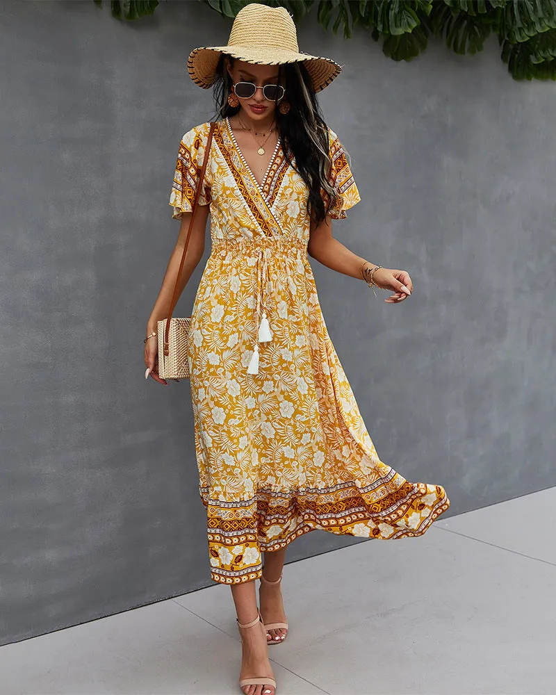 Nadine Floral Smocked Maxi Dress - Mustard