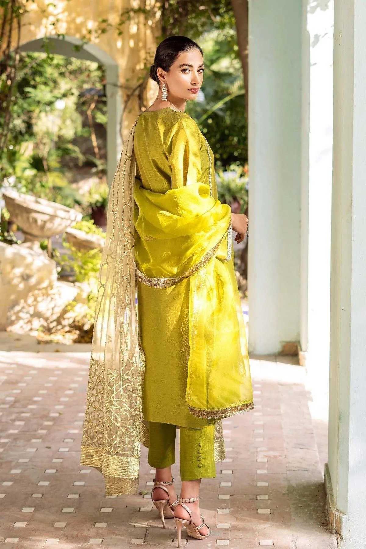 Natasha Kamal - Green Raw Silk Coord Set with Organza Dupatta - 3 Pieces