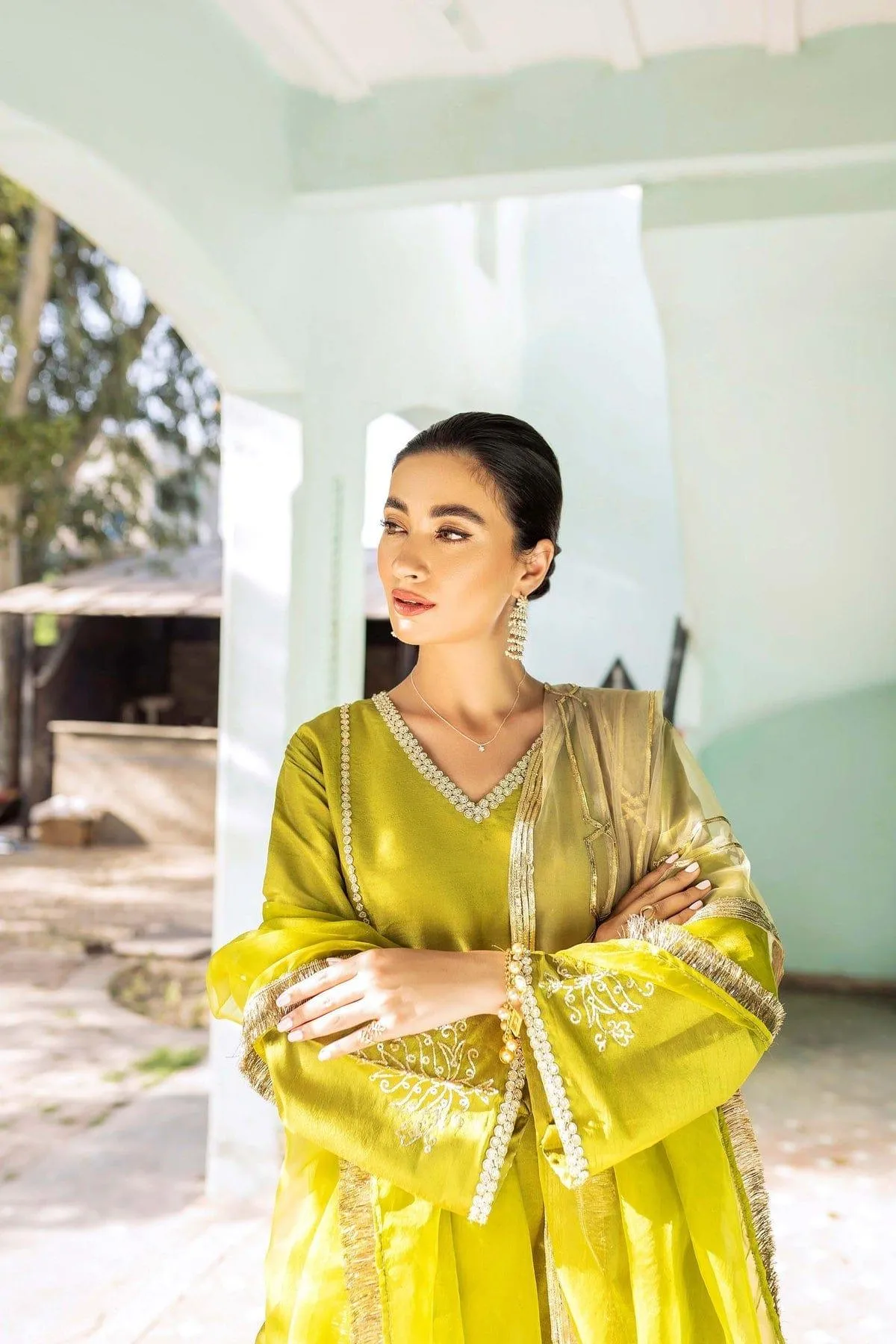 Natasha Kamal - Green Raw Silk Coord Set with Organza Dupatta - 3 Pieces