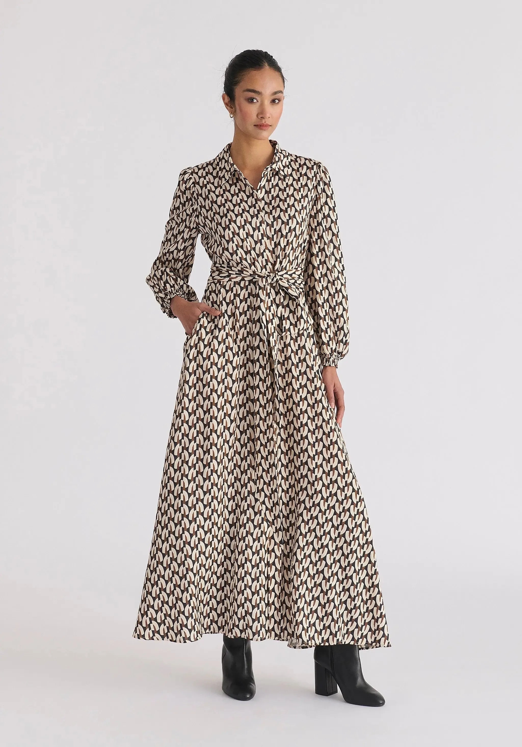 Navy, Beige and Mustard Geometric Print Maxi Shirt Dress