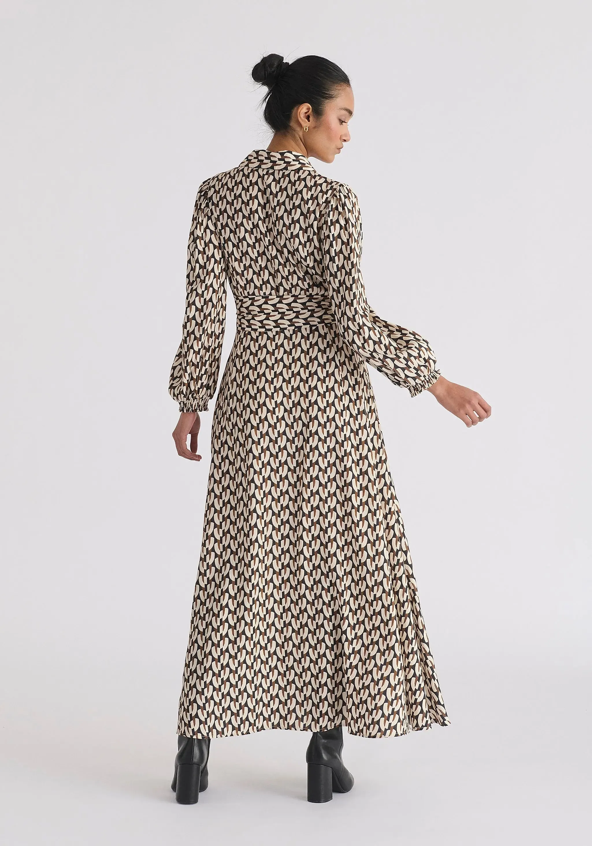 Navy, Beige and Mustard Geometric Print Maxi Shirt Dress