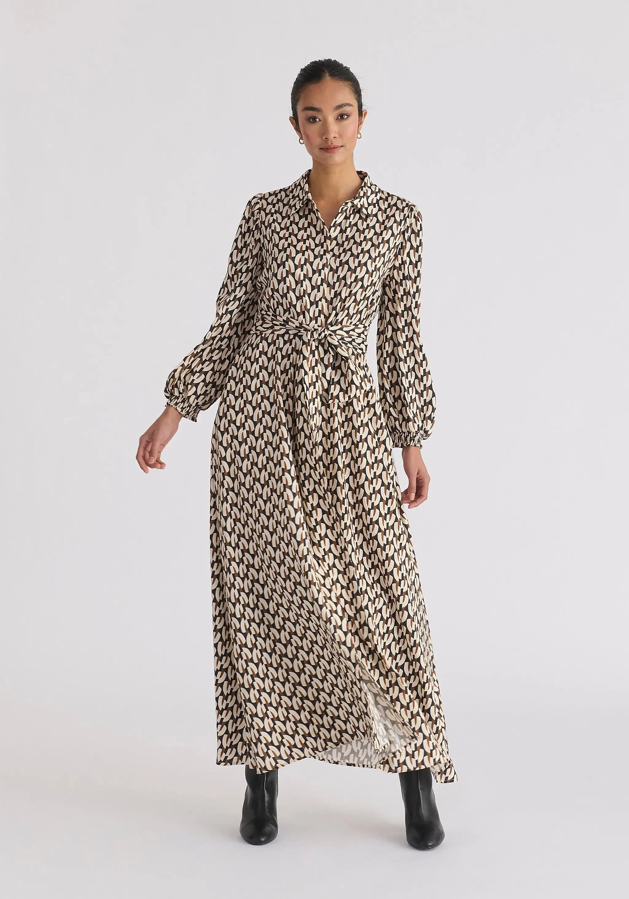 Navy, Beige and Mustard Geometric Print Maxi Shirt Dress