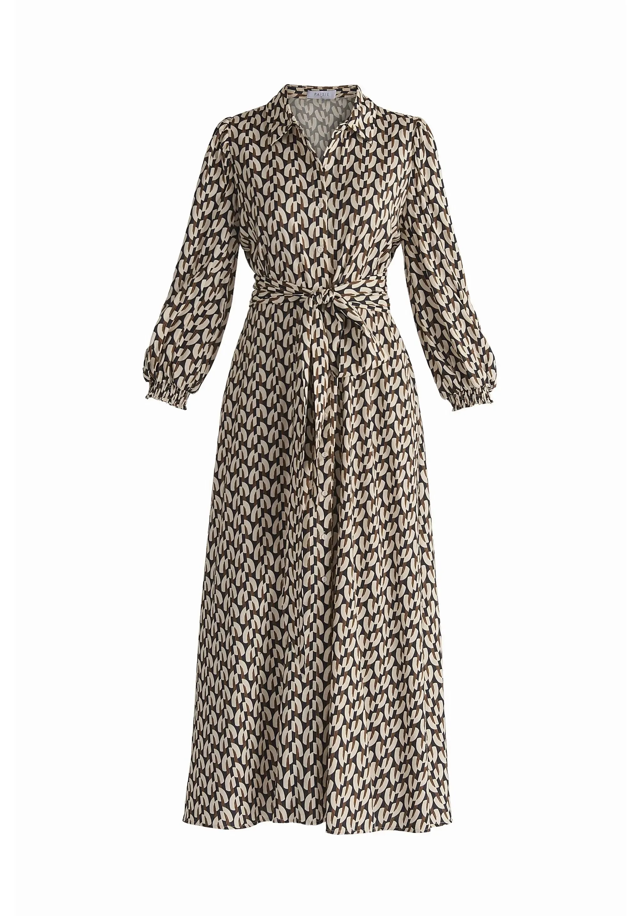 Navy, Beige and Mustard Geometric Print Maxi Shirt Dress