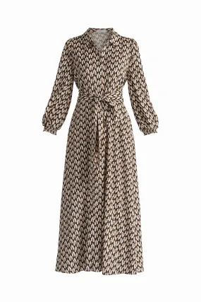 Navy, Beige and Mustard Geometric Print Maxi Shirt Dress
