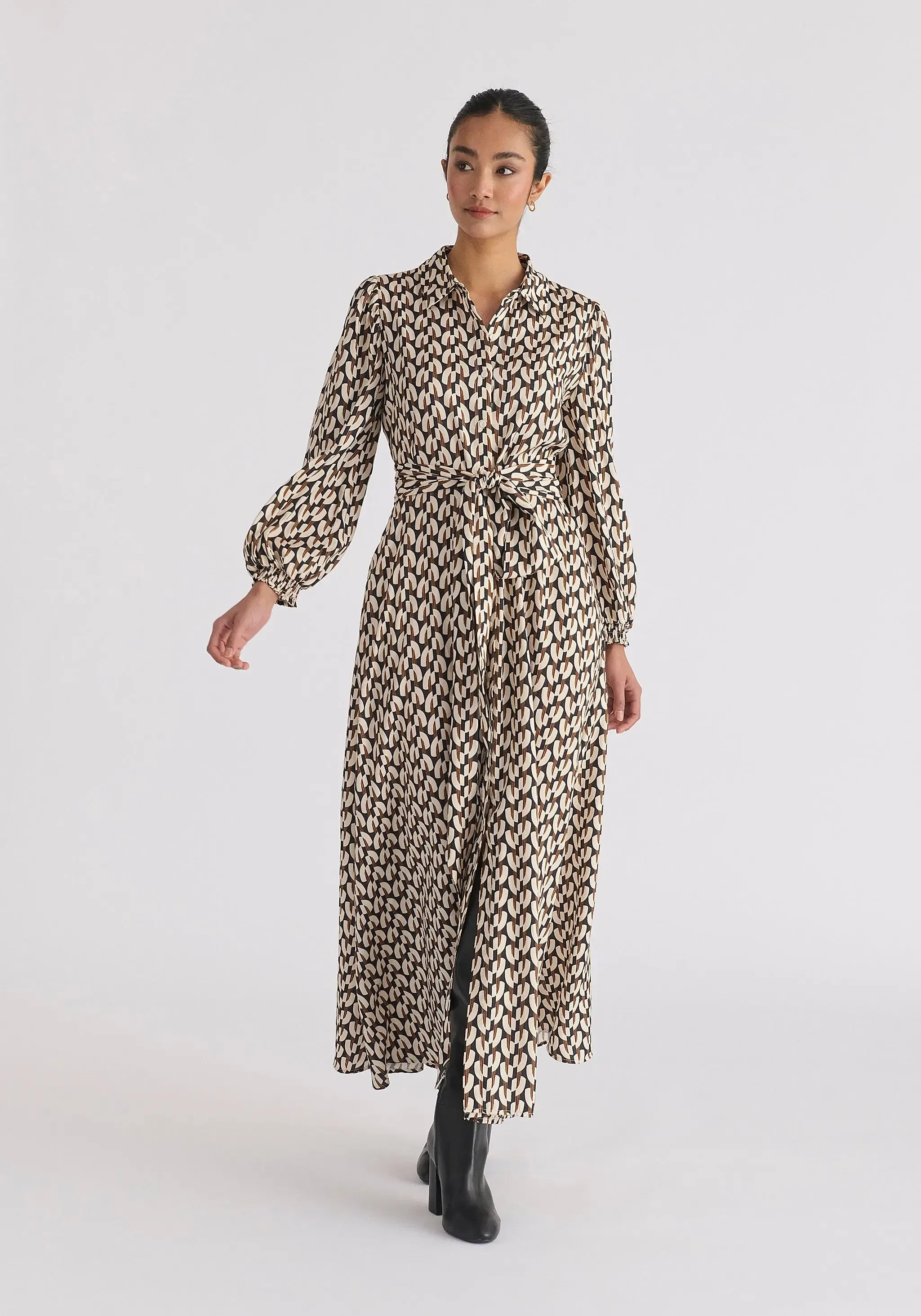 Navy, Beige and Mustard Geometric Print Maxi Shirt Dress