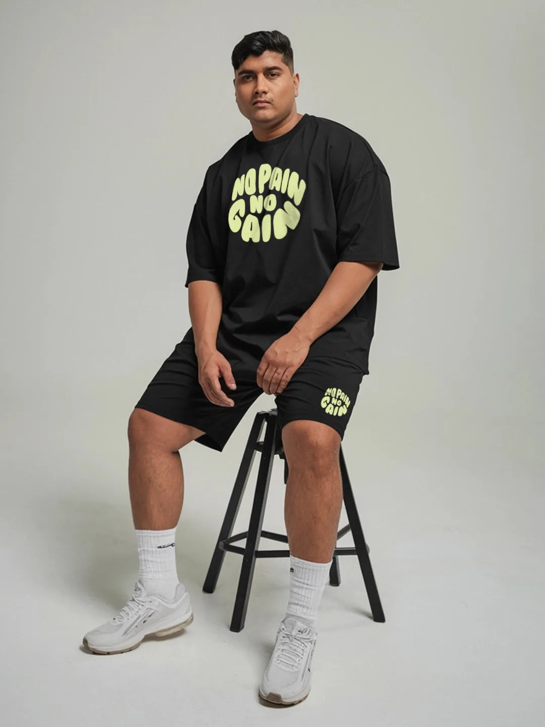 No Pain No Gain Cotton Mens T Shirt and Shorts Combo Set(Plus Size)