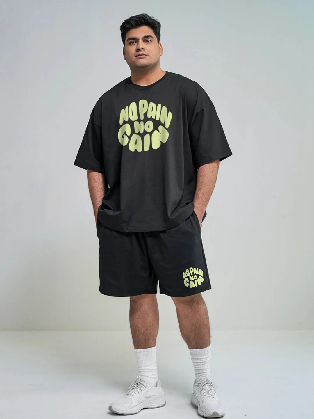 No Pain No Gain Cotton Mens T Shirt and Shorts Combo Set(Plus Size)