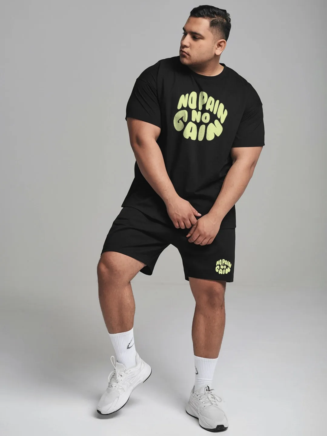 No Pain No Gain Cotton Mens T Shirt and Shorts Combo Set(Plus Size)