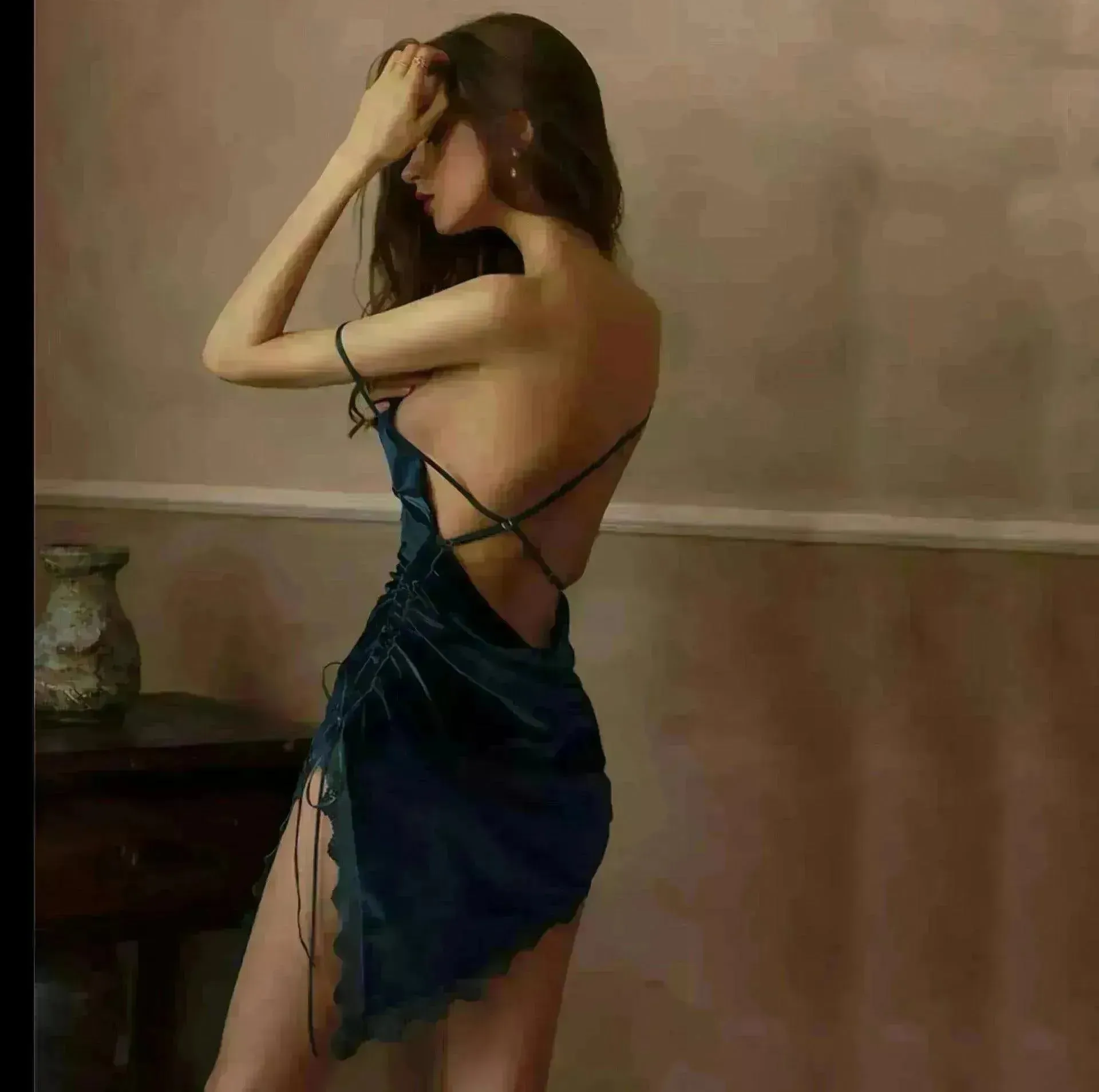 Noble Velvet Side Slit Sling Backless Pajamas