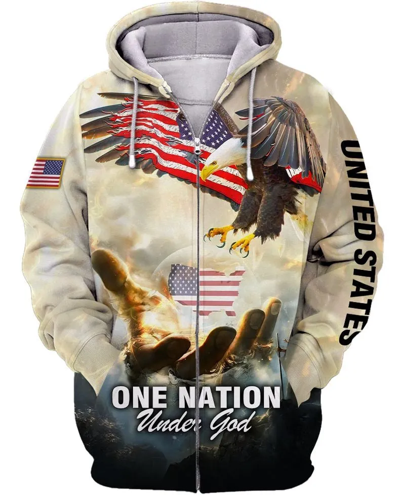 One Nation Under God American Flag Ealge God Hand All Over Print Shirt, United States Eagle Under God 3D Jacket
