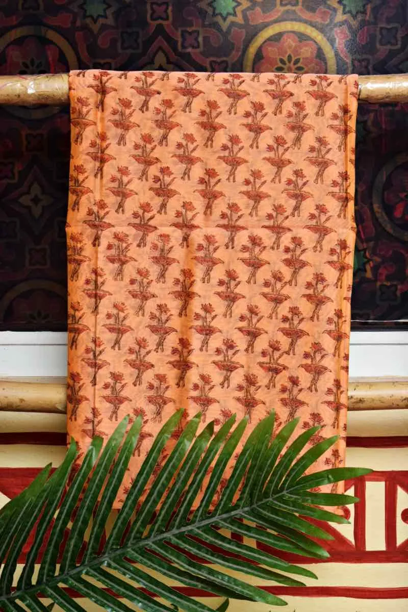 Peach Block Printed Maheshwari Silk Two Piece Set