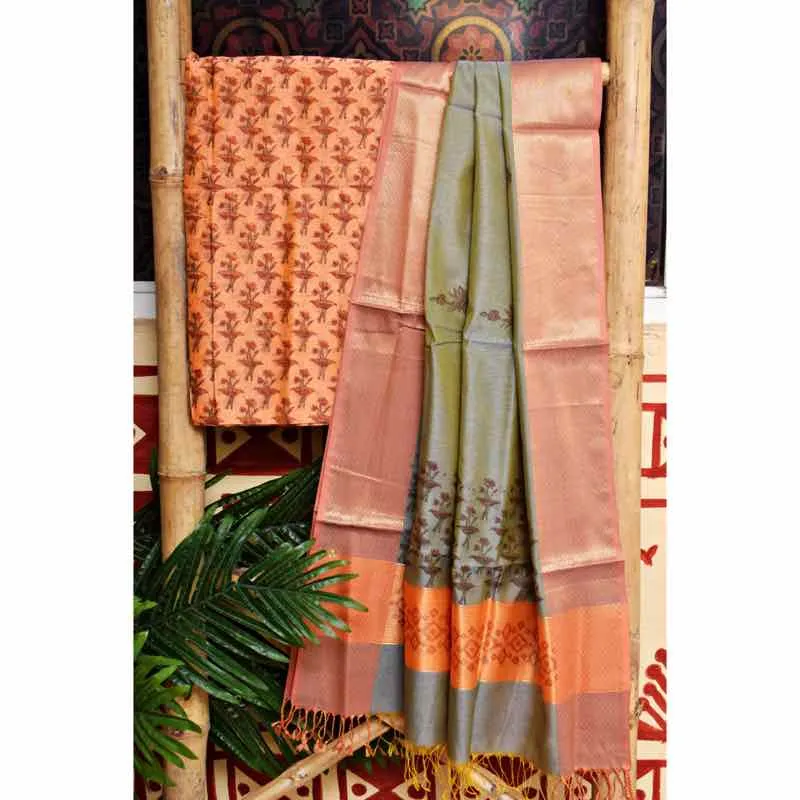 Peach Block Printed Maheshwari Silk Two Piece Set
