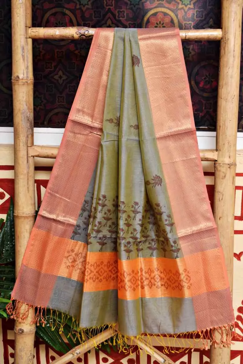 Peach Block Printed Maheshwari Silk Two Piece Set