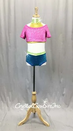 Pink/Yellow/Blue/Green 2 Piece Crop Top and Briefs - Swarovski Rhinestones