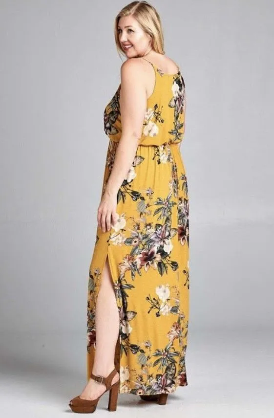 Plus Mustard Floral Maxi Dress Side Slit Casual Pockets Full Length