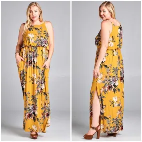Plus Mustard Floral Maxi Dress Side Slit Casual Pockets Full Length