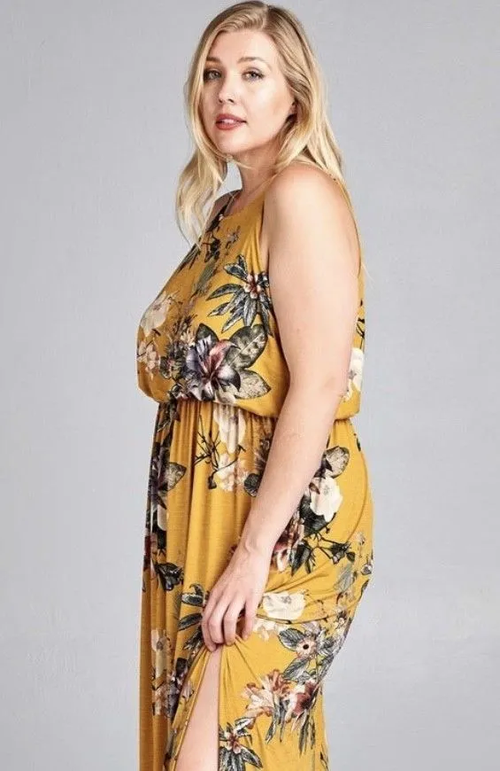 Plus Mustard Floral Maxi Dress Side Slit Casual Pockets Full Length