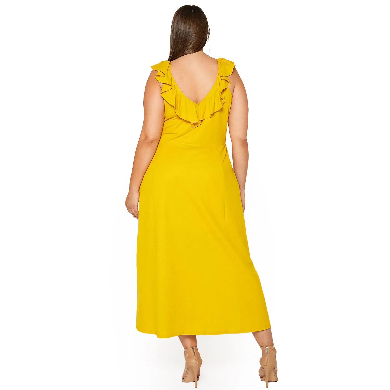 Plus Size Ruffle Trim Wrapped Maxi Dress in Mustard