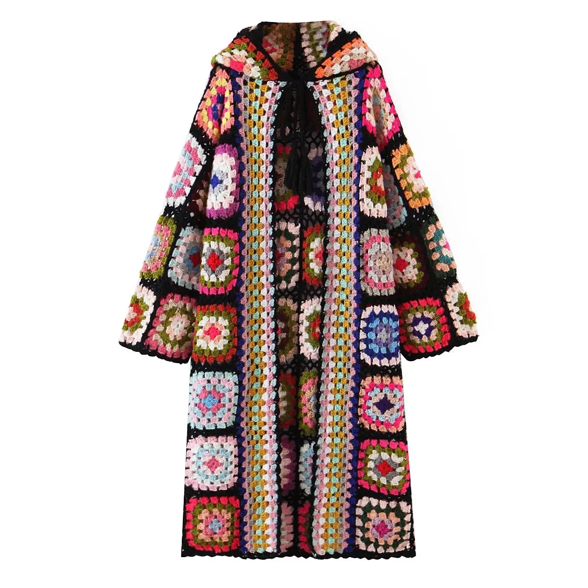 Pre Order:  Handmade Bohemian Plaid Flower Hooded Cardigan