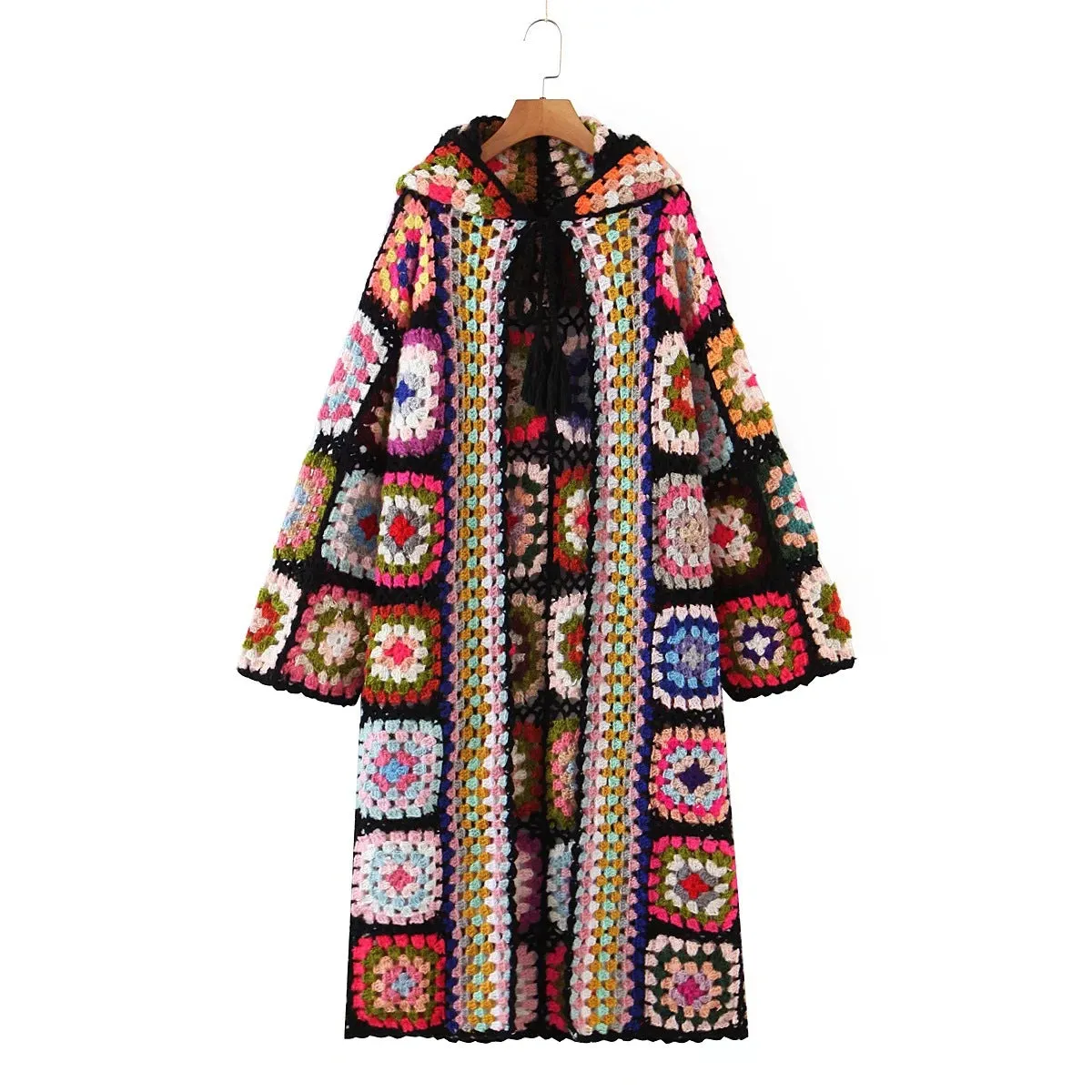 Pre Order:  Handmade Bohemian Plaid Flower Hooded Cardigan