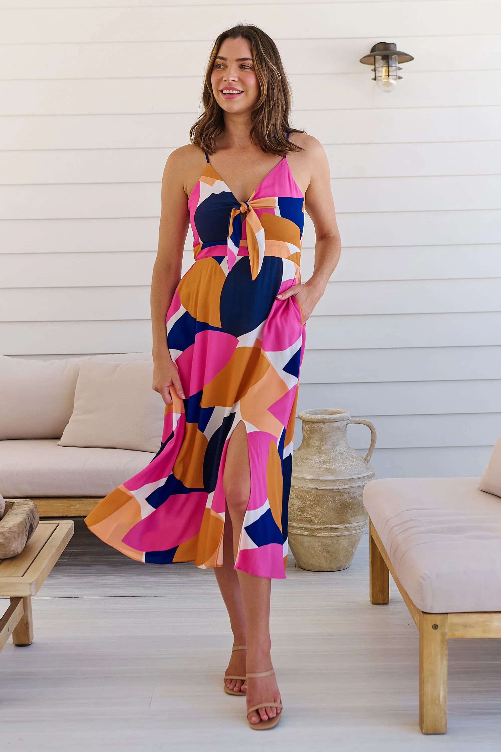 Presley Pink/Mustard/Navy Print Singlet Tie Front Dress