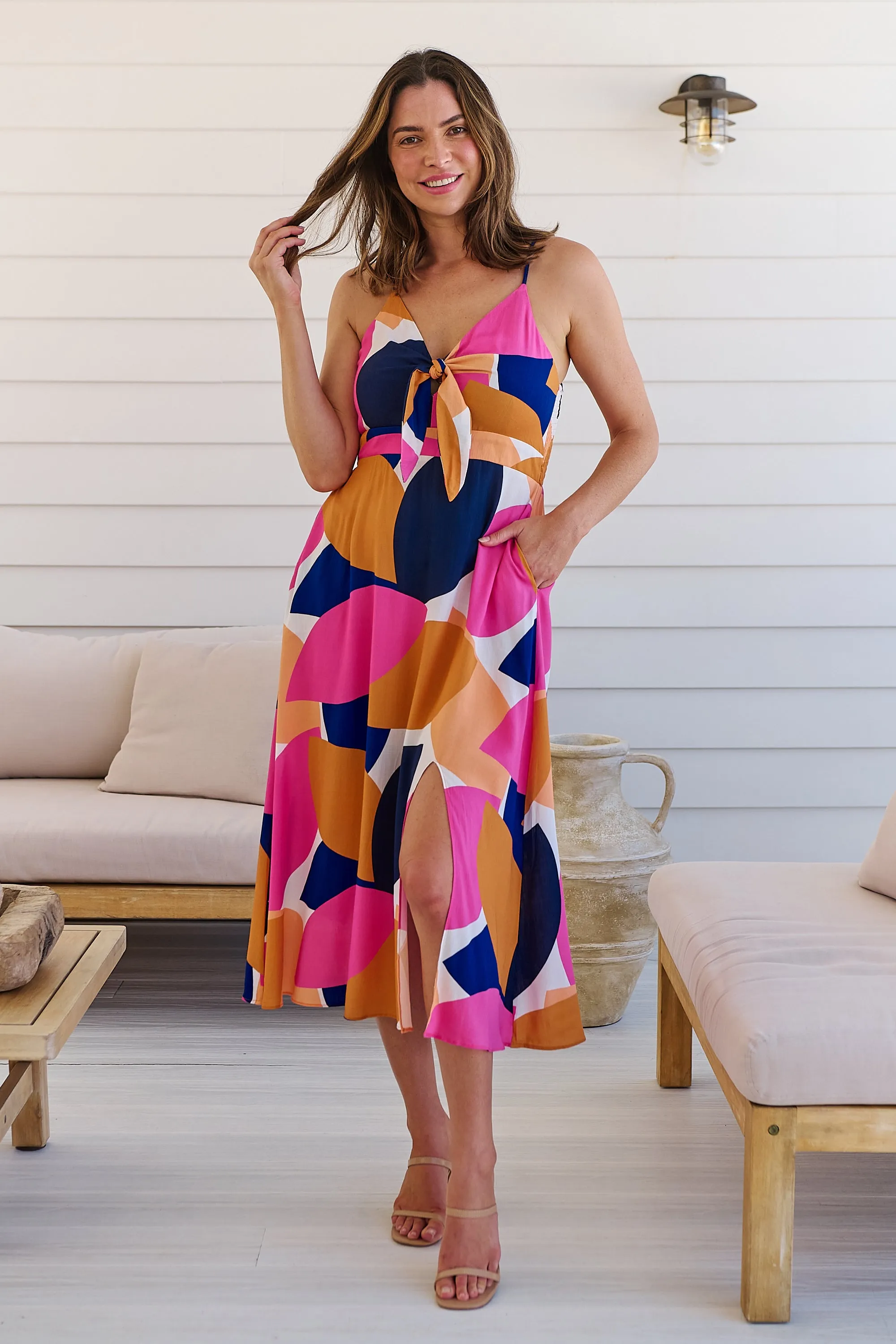 Presley Pink/Mustard/Navy Print Singlet Tie Front Dress