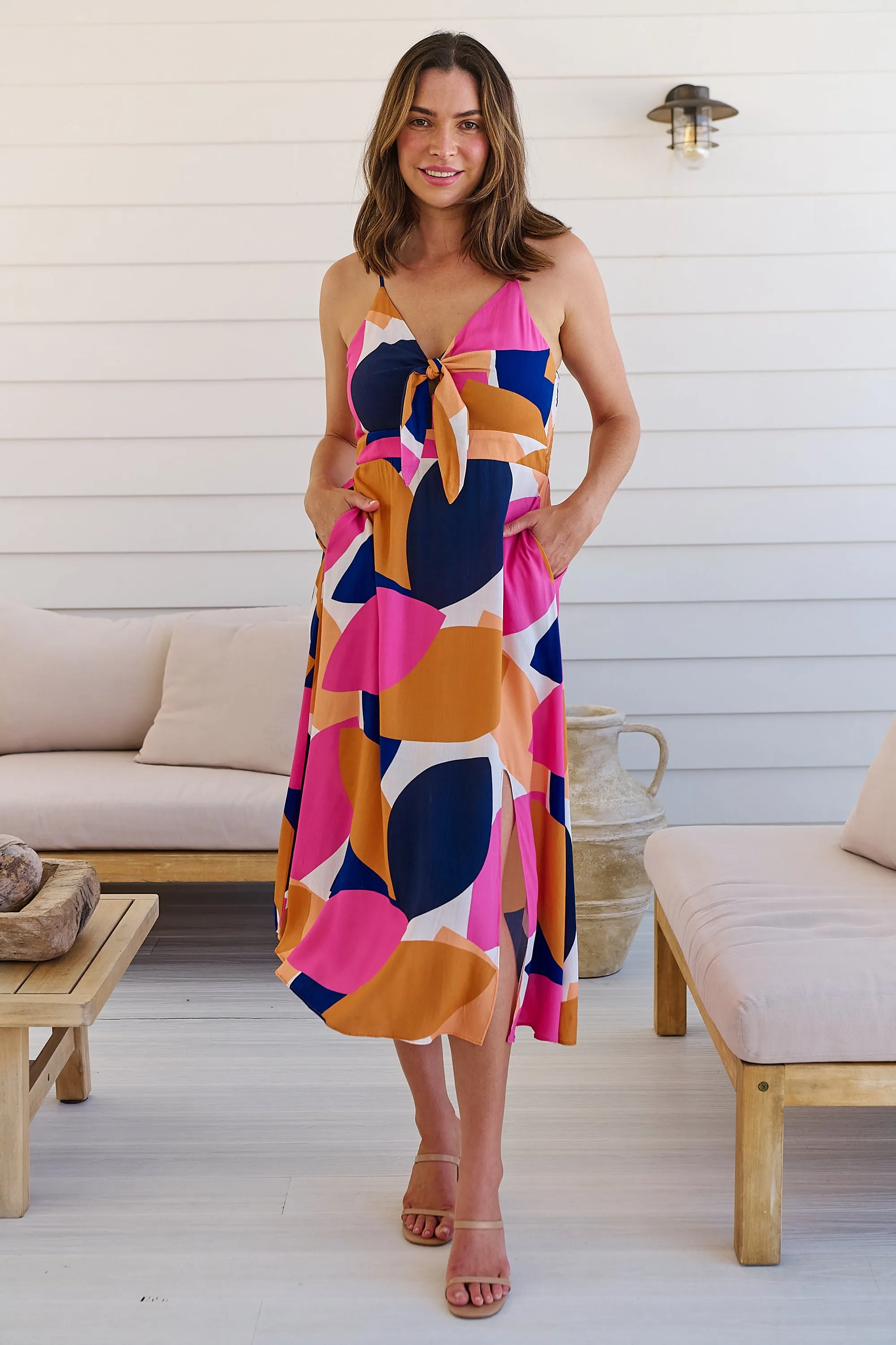 Presley Pink/Mustard/Navy Print Singlet Tie Front Dress
