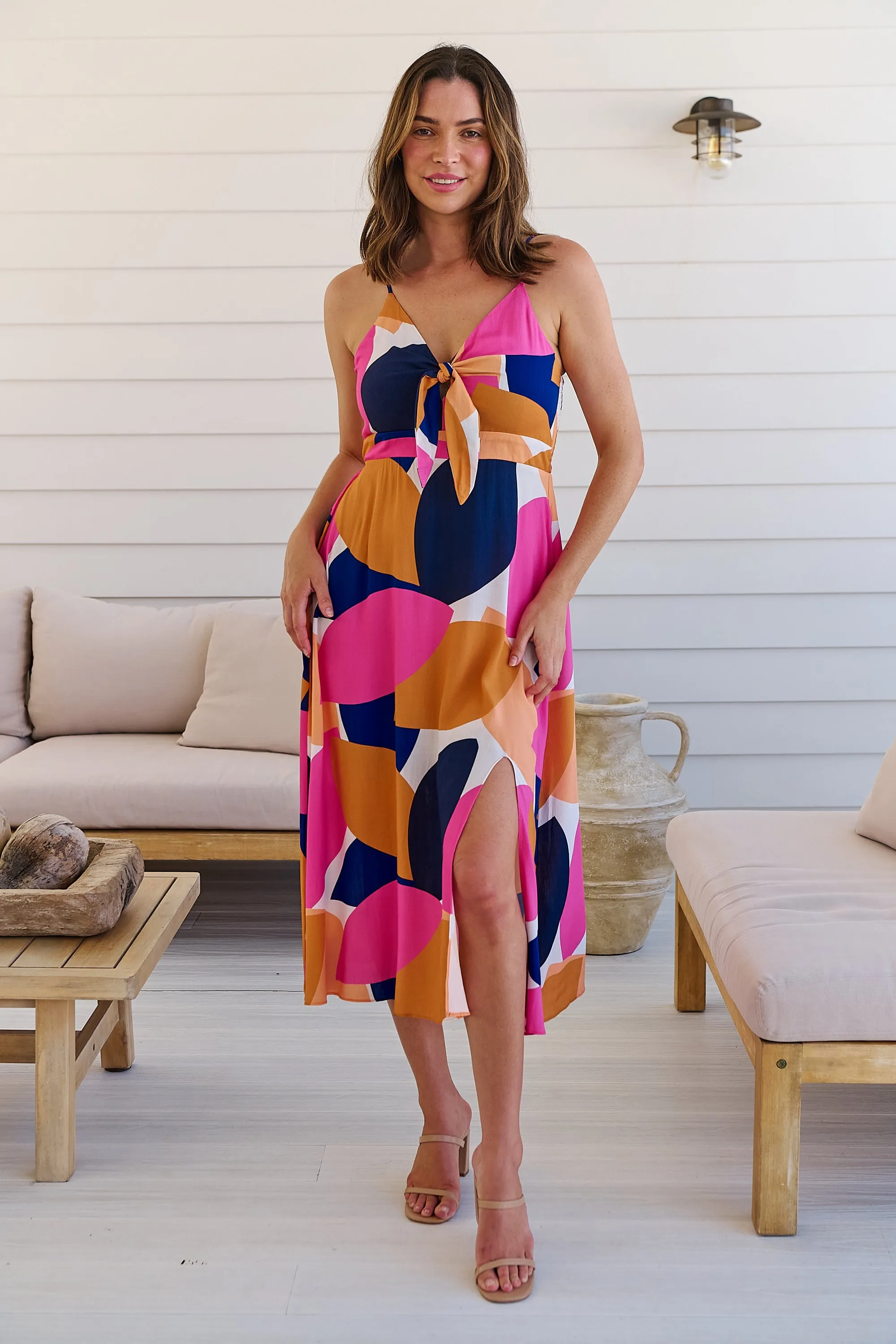 Presley Pink/Mustard/Navy Print Singlet Tie Front Dress