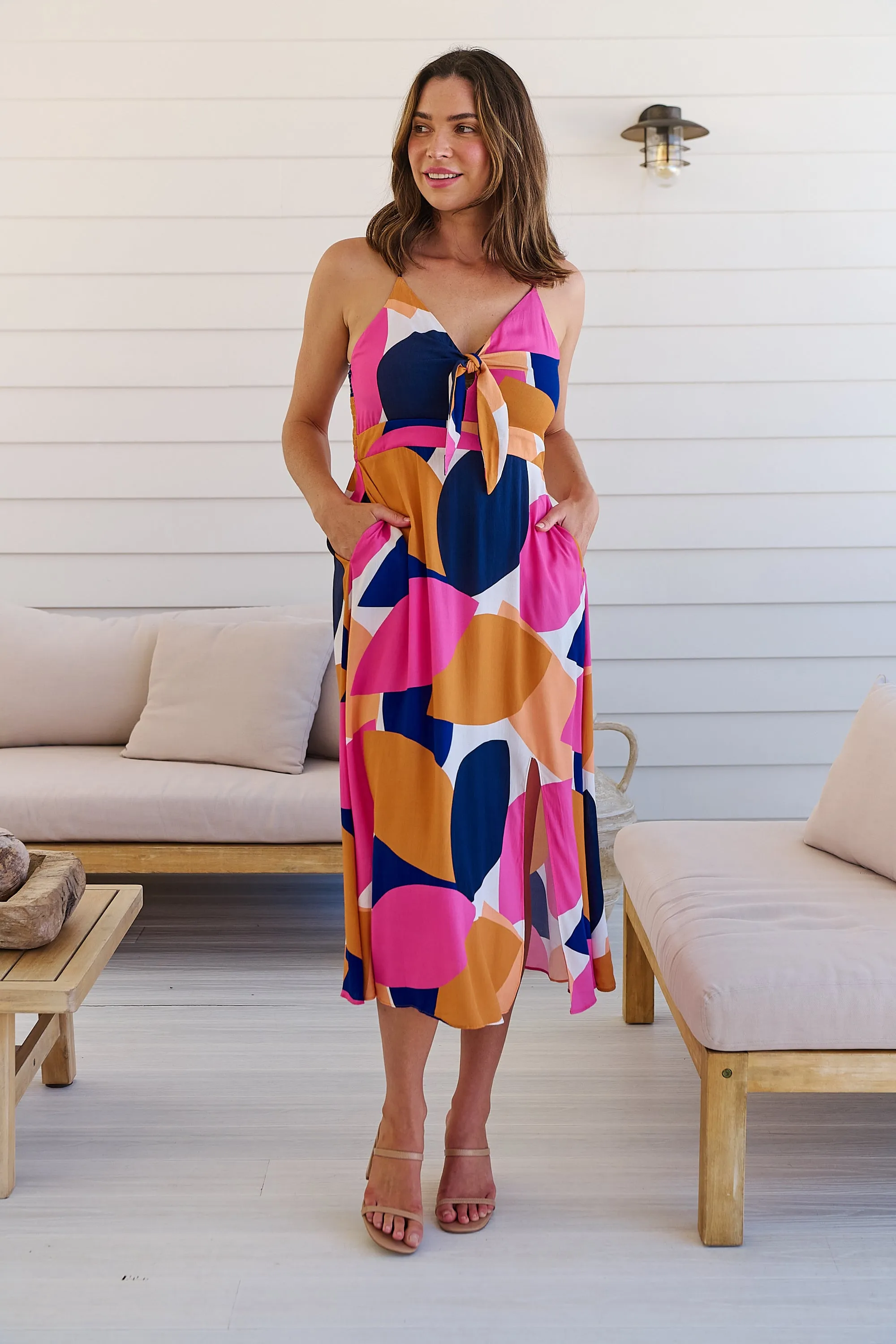 Presley Pink/Mustard/Navy Print Singlet Tie Front Dress