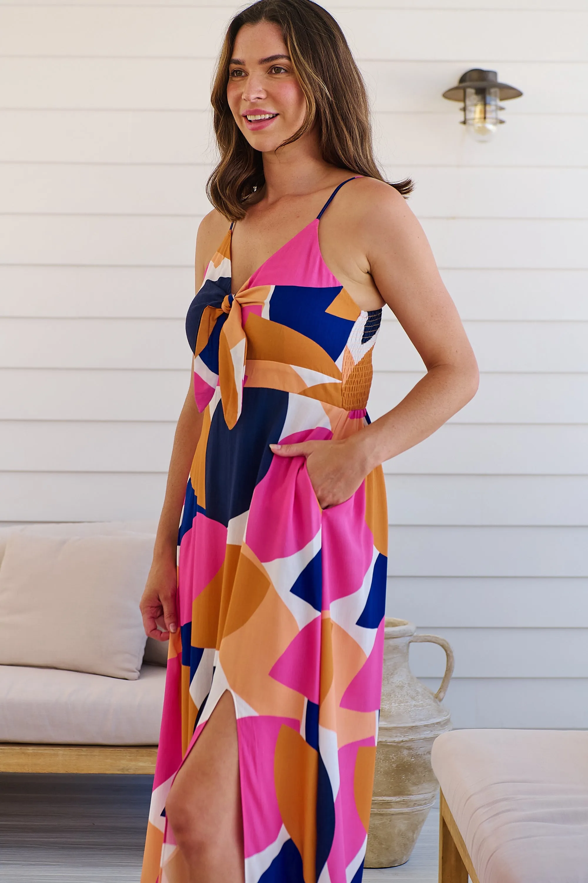 Presley Pink/Mustard/Navy Print Singlet Tie Front Dress
