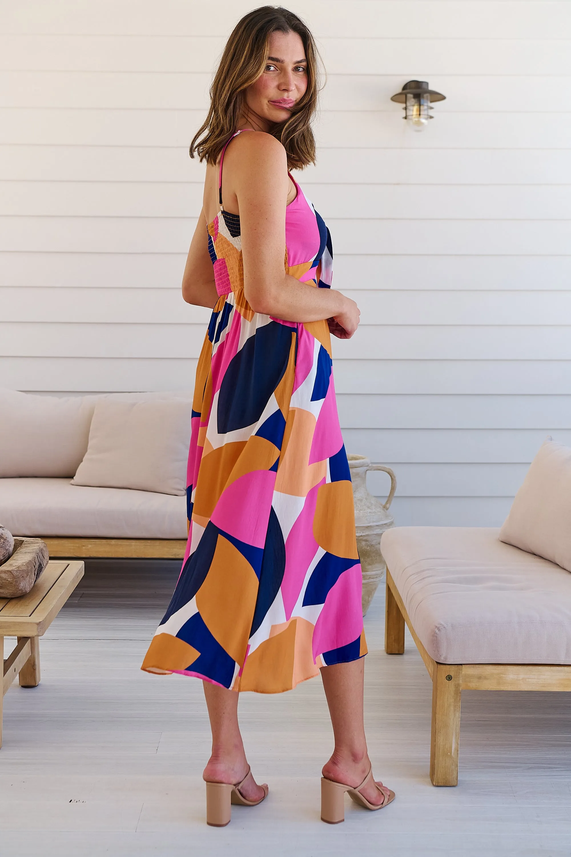 Presley Pink/Mustard/Navy Print Singlet Tie Front Dress