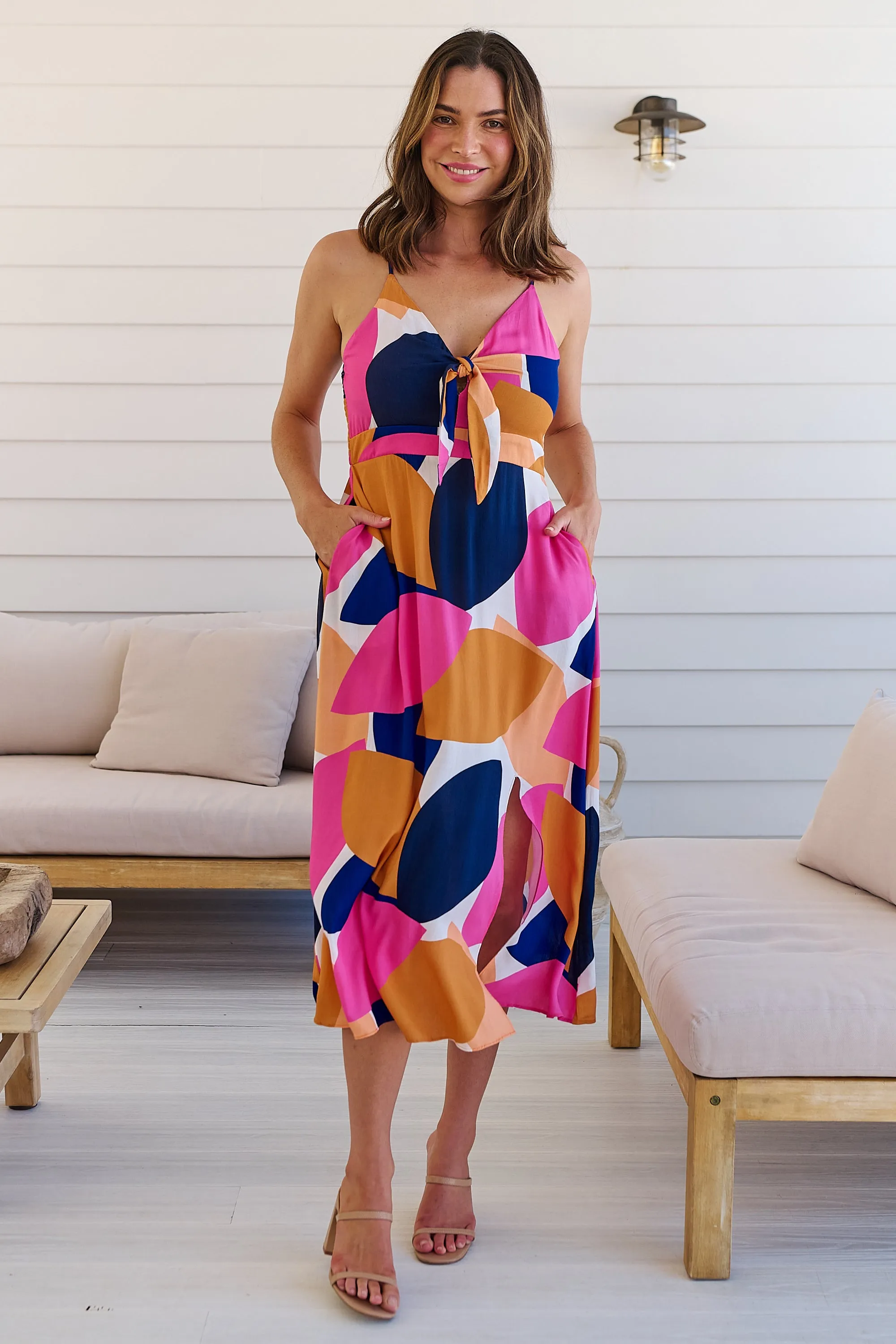 Presley Pink/Mustard/Navy Print Singlet Tie Front Dress