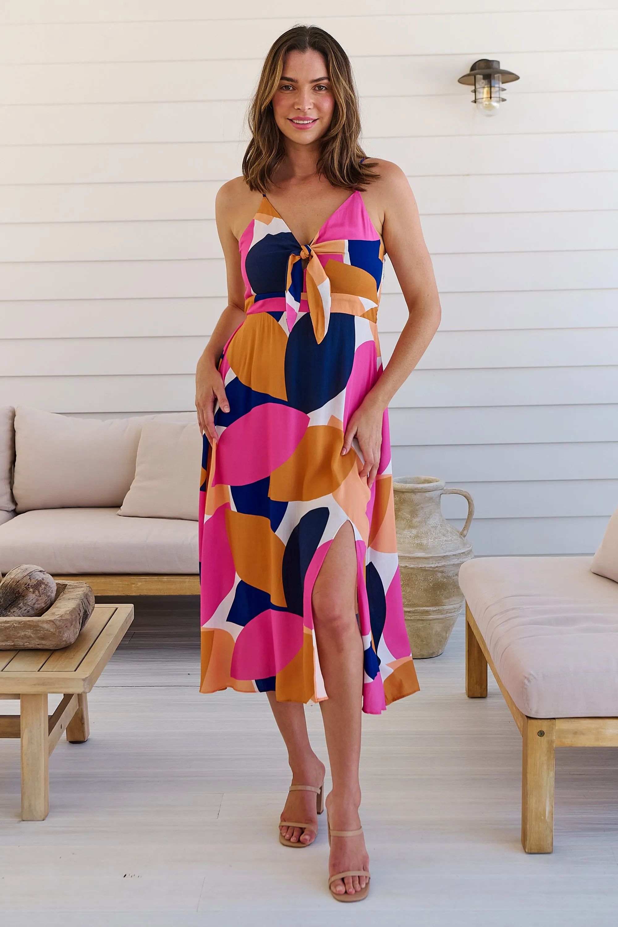 Presley Pink/Mustard/Navy Print Singlet Tie Front Dress