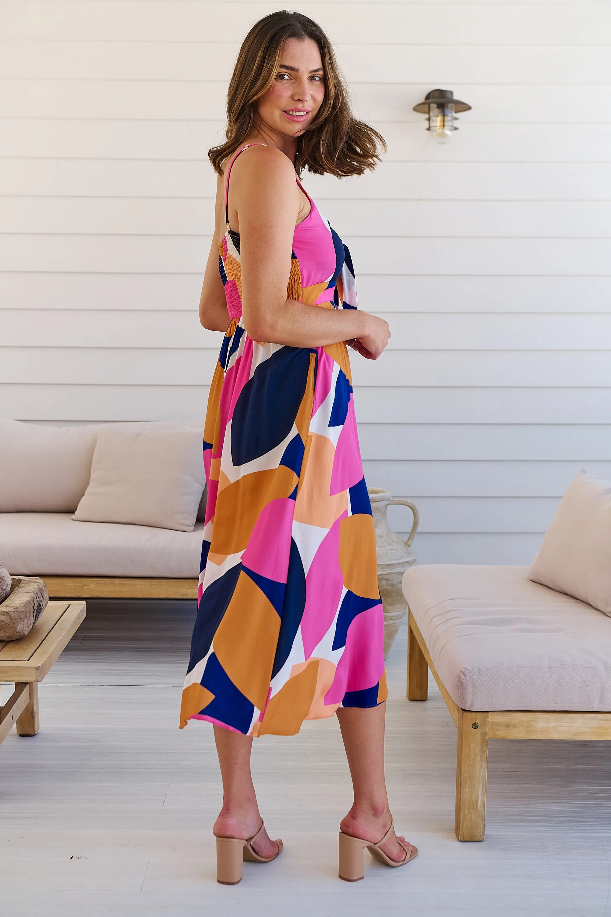 Presley Pink/Mustard/Navy Print Singlet Tie Front Dress