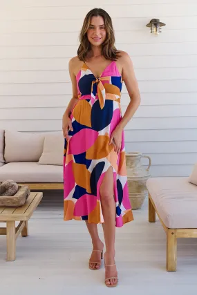 Presley Pink/Mustard/Navy Print Singlet Tie Front Dress