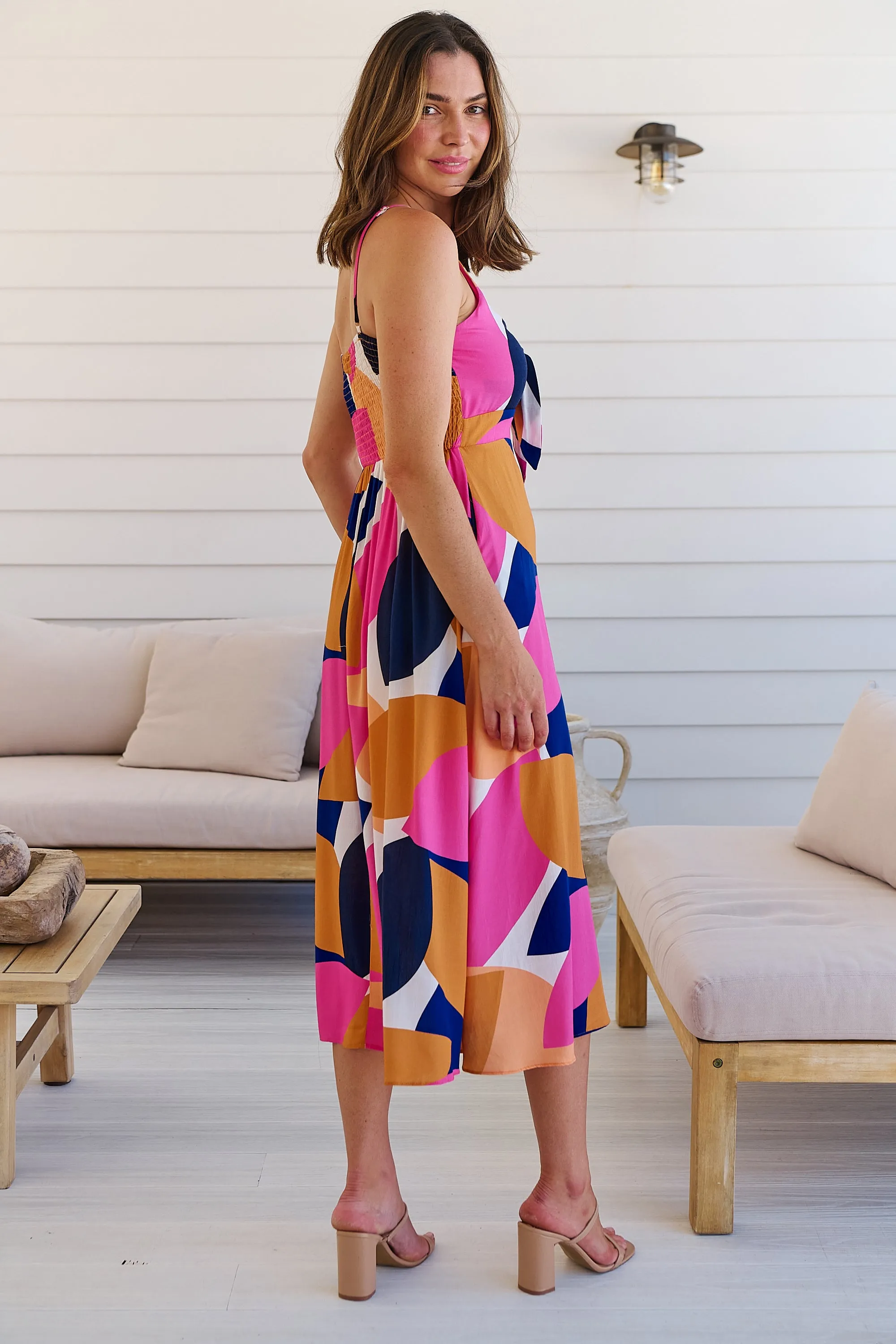Presley Pink/Mustard/Navy Print Singlet Tie Front Dress
